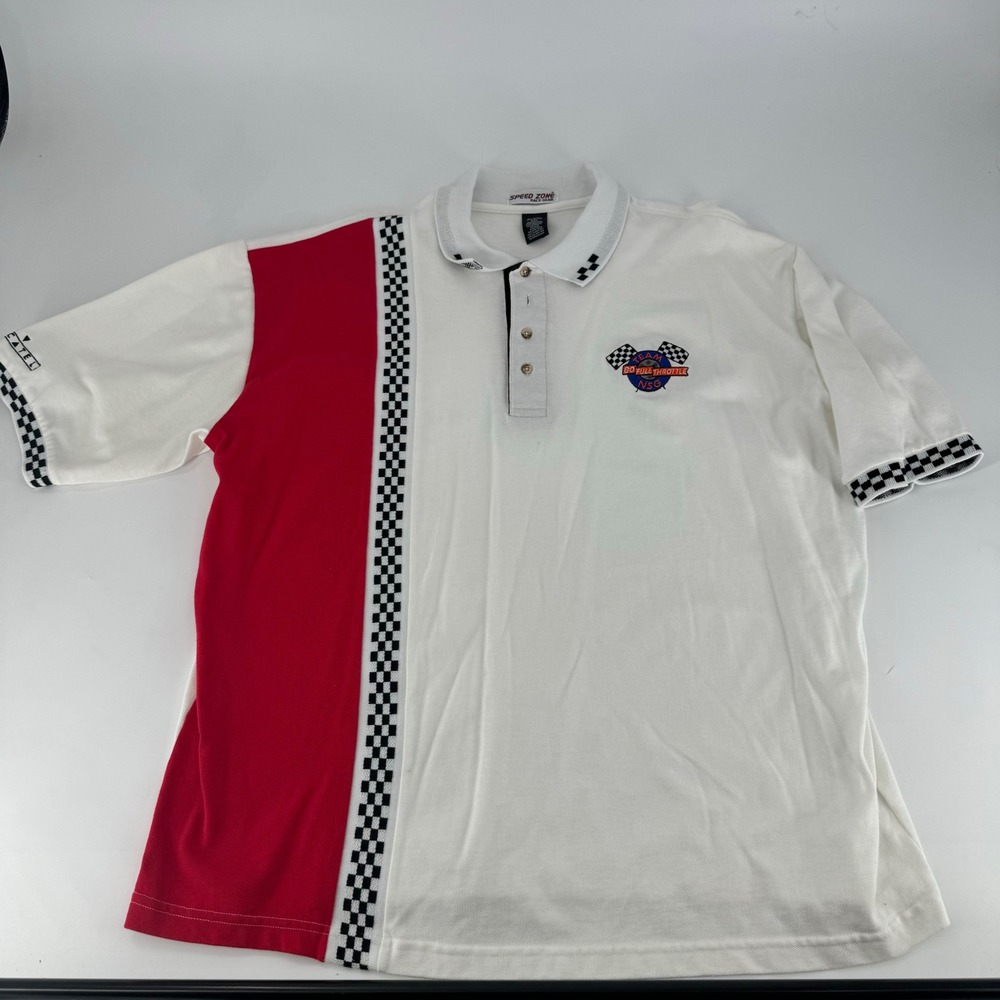 Speed Zone Race Gear Mens XXL White Red Checkered Go Full Throttle Racing Polo‎